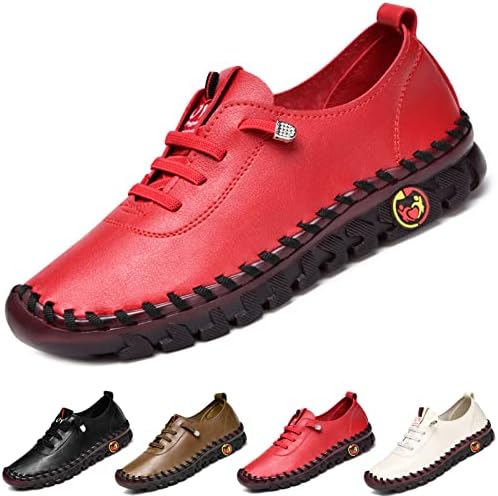 Women's Leather Soft Beef Tendon Flat Bottom Loafers Slip-on Handmade Round Toe Non-Slip Breathable Mom Leisure Walk Shoes (red,10,Women,10)