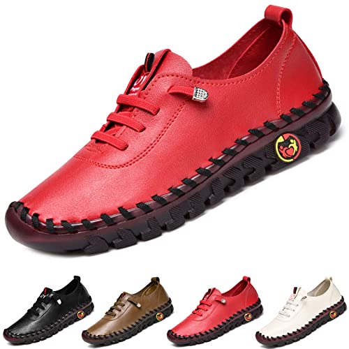 Women's Leather Soft Beef Tendon Flat Bottom Loafers Slip-On Handmade Round Toe Non-Slip Breathable Mom Leisure Walk Shoes (Red,10,Women,10) #TOP19