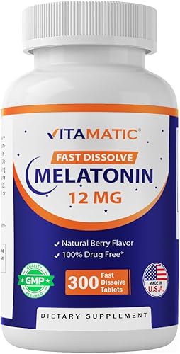 Vitamatic Melatonina 12 mg - Sabor natural de bayas - 300 tabletas de disolución rápida - Formulado por profesionales de la salud - Sin OMG, sin
