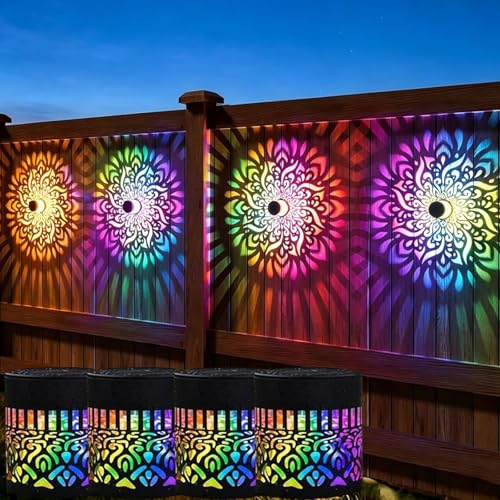 PandaXun 4PCS Solar Mandala Lights 2026 Metal Mandala Projection Wall Light Solar Powered Waterproof Color Changing Wall Fence Light for Garden Yard Deck Step Patio Pool Lawn Yard Backyard Decor