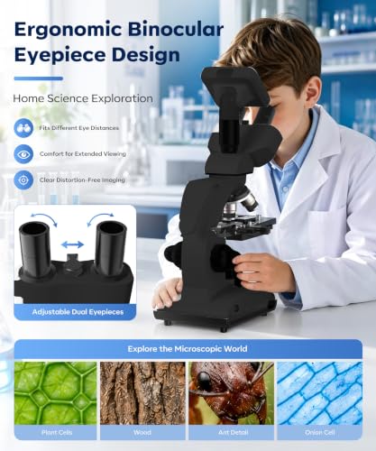 Image of Compound Trinocular Microscope - 40X to 2000X Magnification, High-Resolution Glass Optics, LED Light, Black, Ideal for Lab, School & Home Education with Slides Set