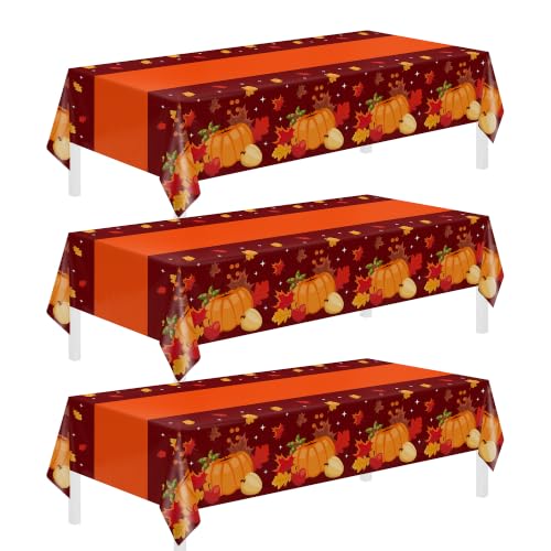 Image of Childom Thanksgiving Tablecloth,3 Pack Disposable Plastic Tablecloth 54x108 Inch Thanksgiving Decorations,Pumpkin Maple Leaf Party Table Cover for Home Table Decor,Birthday Party Supplies