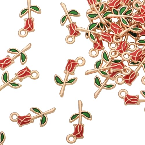 Image of VIDRIO Pack of 80 Long Stem Rose Flower Enamel Charms Gold Plated Colored Pendants Accessories for Necklace Bracelet Jewelry Making DIY Crafting