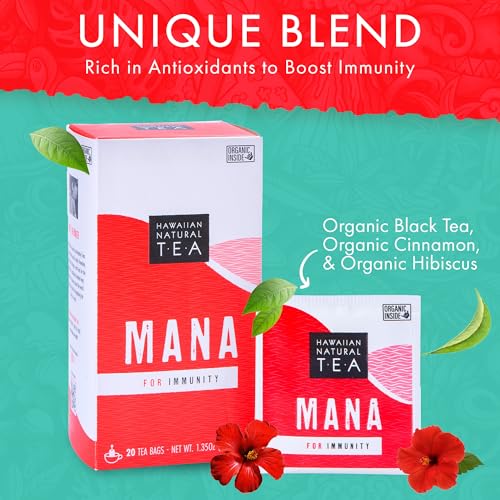 Image of Mana Hibiscus Tea - Herbal Black Tea - All Natural Wellness Tea - Refreshing, Uplifting and Energizing Tea with Cinnamon & Mint - Supports Immune Health 60 Tea Bags