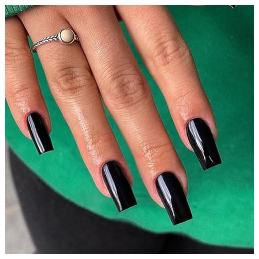 All Black Press on Nails Medium Long Square,KXAMELIE Solid Color Coffin Fake Nails Kit Classic Opaque Acrylic Nails Set for Women Girls in 24 PCS