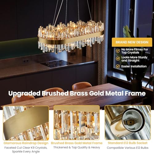 Siljoy Rectangle Gold Crystal Chandelier, 16-Light Modern Dimmable K9 Crystal Raindrop Chandelier, Adjustable Height Oval Crystal Pendant Ceiling Light for Living Dining Room Kitchen L35.4'' by Siljoy - Image 7