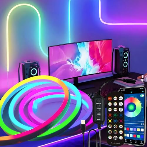 USB Led Neon Light Rope,JUNOQKW 6.56Ft RGB-IC LED Neon Rope Lights for Bedroom, 5V Musci Sync Color Changing Rope Light, APP and 24Keys Wireless Remote, DIY Ideas, Gaming Lights, Home Decorations