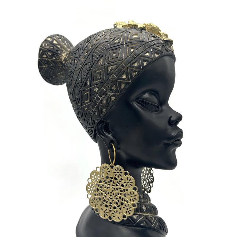 Figura decorativa cabeza mujer africana resina negro y dorado miniatura 3