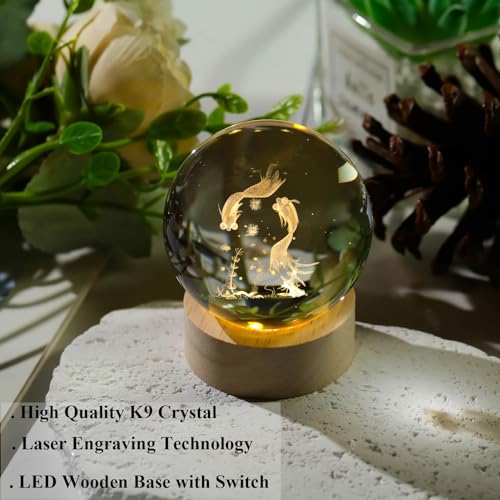 Image of Arikyrist 3D Goldfish Crystal Ball Night Light, Crystal Goldfish Figurines with Wooden Base Gifts for Women and Kids, 3D Laser Engraved Glass Sphere Paperweight Decor for Home Office.