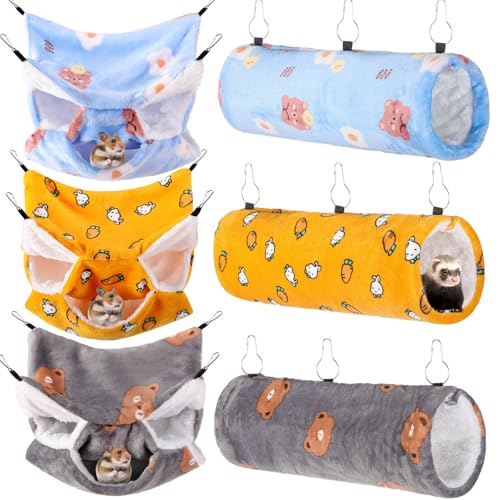 Sweetude 6個 ネズミハンモックセット フェレットハンギング トンネル 3段 モルモット ハンモック 隠れ家 ソフトチンチラベッド ケージアクセサリー 隠す、遊ぶ、眠る(太陽、熊)の商品画像（Amazon）