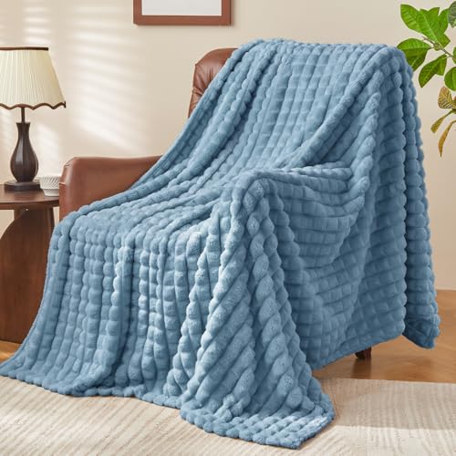 Image of BEDELITE 3D Checked Blue Fleece Throw Blanket for Couch, 50x60 Inches
