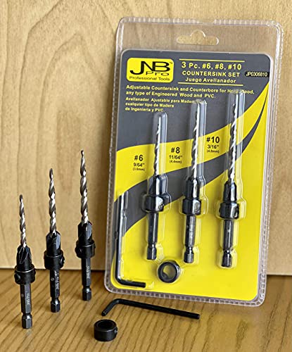 Jnb Pro Wood Countersink Drill Bit Set - 3 Piece Adjustable Countersink Bit #6(9/64"), 8(11/64") And #10(3/16"), 1 Adjustable Collar, 1 Hex Wrench - 1/4" Quick Change - Countersink #TOP6