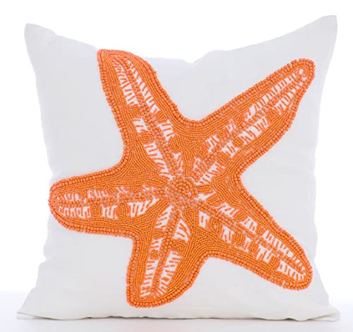 The Homecentric White Accent Pillow, Beaded Orange Starfish Nautical Ocean Beach Theme Pillow Cover, 20X20 Inch (50X50 Cm) Throw Pillow Cover, Floral Mediterranean Square Linen - Starfish Makeover #TOP7
