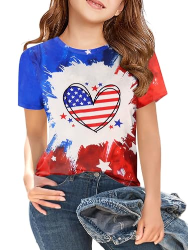 Image of CAZYCHILD Girls American Flag Patriotic Shirt Boys 4th of July Short Sleeves Tshirt USA Clothes for Kids 5-14Y