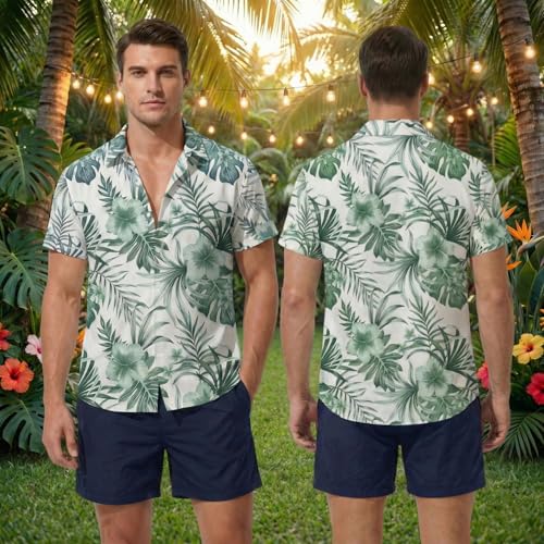 Image of DRESSFO Matchable Couples' Outfit Tropical Flower Leaf Print Button-up Shirt Or Strappy Dress