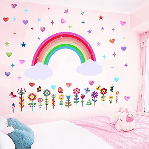 Joyduo 3 Sheets Rainbow Wall Decals Large Watercolor Rainbow Wall Stickers Rainbow Star Heart Flower Wall Stickers For Girls Bedroom Nursery Wall Decor, 90 X 30 Cm #TOP28