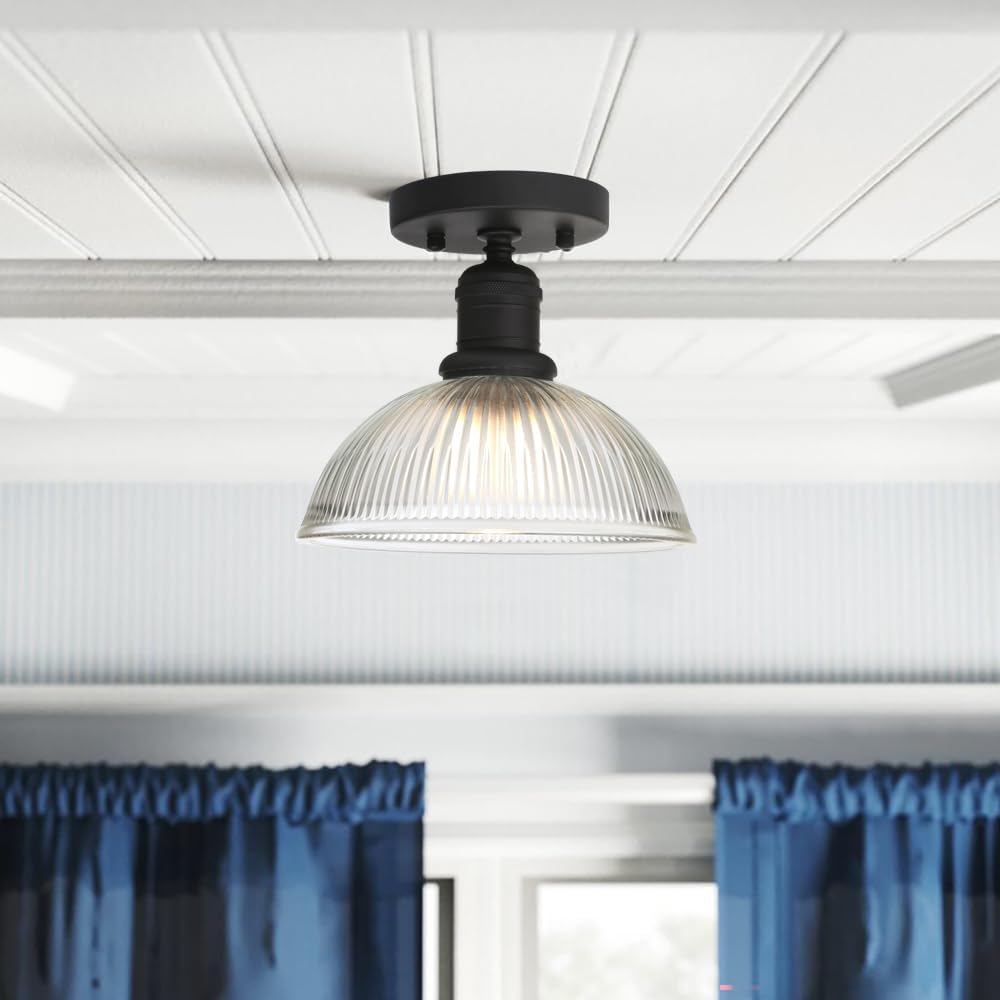 Yosoan 1-Light Vanity Indoor Hallway Ceiling Light, Flush Mount Single Modern Hardwired Vintage Industrial Retro Clear Striped Bowl Shade Farmhouse Lamp for Corridor Kitchen Bathroom Bedroom(Black)