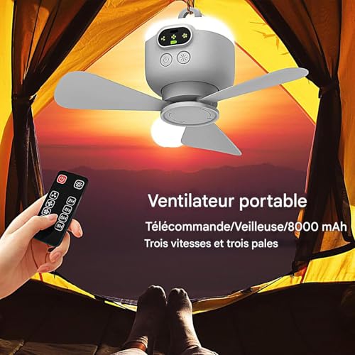 Ventilateur de camping rechargeable LED à 4 vitesses pour extérieur avec télécommande - 8