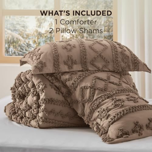 Image of Bedsure Tufted Boho Comforter Set King Size - Coffee Brown Boho Bed Set, GentleSoft 3 Pieces Farmhouse-Style Embroidery Bedding, Gifts for Woman, Soft Jacquard Kids' King Comforter for All Seasons