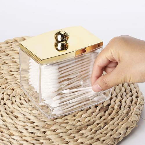 Image of Tbestmax 10oz Qtip Holder Dispenser L Size Bathroom Container with Gold Lid for Bathroom Organizer Accessories Decor Storage-Qtips Cotton Ball Holder