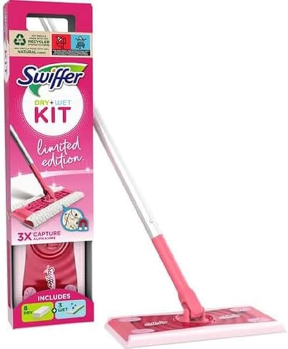 Swiffer Kit de Nettoyage pour poussière sèche, 1 Balai Rose + 8 Chiffons secs + 3 Chiffons humides, Capture et piège de la poussière et des Poils, élimine la saleté et Les bactéries, pour Tous Types