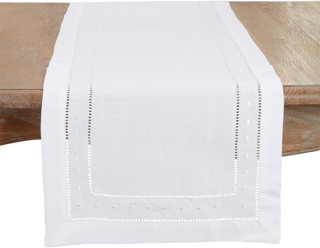 Fennco Styles Classic Embroidered & Hemstitch Table Runner 16" W x 120" L - White Elegant Woven Table Cover for Home Décor, Dining Table, Banquet, Family Gathering, and Special Occasions