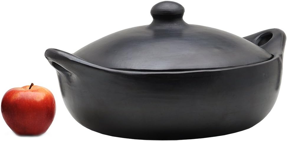 Black Clay Flat Cooking Pot With Lid Medium (3 Quarts) - Handmade in La-Chamba, Colombia, Rustic, 100 Percent Biodegradable, Toxin Free, Organic for Home or Restaurant - Chefs Choice -