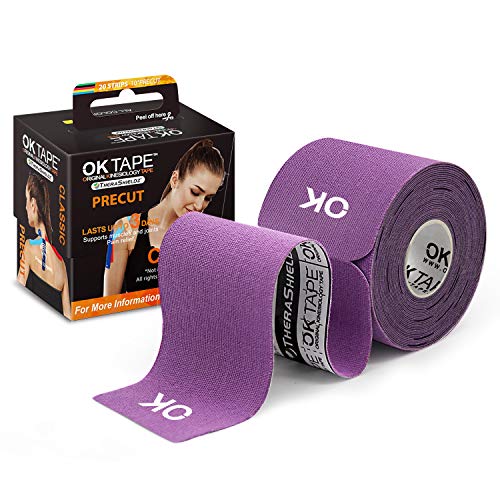 OK TAPE Sports Kinesiology Tape - 20 Strips Precut Latex Free Waterproof Athletic Tape for Pain Relief, Supports and Stabilizes Muscles & Joints Lasts Upto 3 Days- 2inch x 16.4 feet Roll Purple