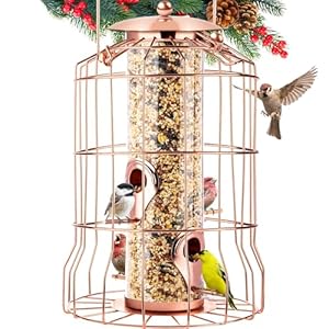 Gray Bunny Bird Feeder for Outside, Squirrel Proof Bird Feeders for Outdoors Hanging, Metal Wild Bird Seed Feeder for Small Birds, 4 Ports, Chew-Proof Weather Resistant Bird Watching Gifts Bird Lovers