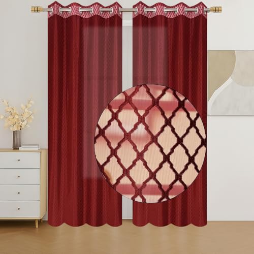 Image of IVAZA Heavy Premium Polyester Beautiful Moroccan Trellis Design Transparent Net Curtains | Modern Parde for Living Room Bedroom | Home Office Screens Long Door- 9 Feet (Pack of 2) Maroon
