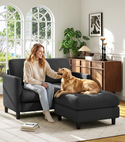 Image of Welzona Loveseat Sofa with Ottoman, 51 inch Small L Shaped Teddy Couch Sofa | Comfy Teddy Fabric, Tool-free Setup, Washable Covers, All-wood Couch Sets for Living Room, Bedroom, Small Spaces, Grey
