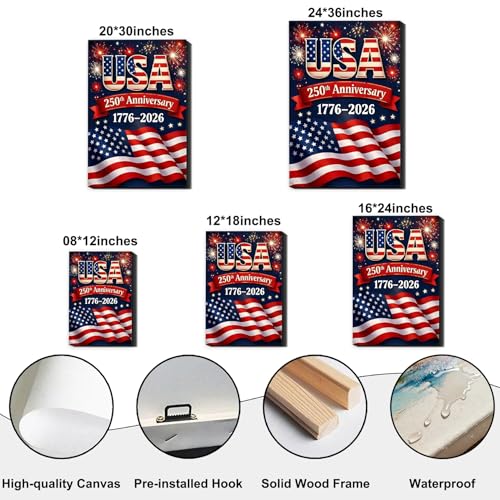 Image of USA 250th Anniversary 1776-2026 Canvas Wall Decor, Patriotic Fireworks American Flag Wall Art, Independence Day Framed Canvas Prints for Home & Holiday Decoration, Made in USA
