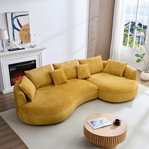 Image of KEIKI 125 inch Luxury Curved Boucle Sectional Sofa with Right Chaise, Upholstered Modern Style Oversized 5-Seater Couch with Thickened Seat Cushions, Easy Assembly, for Apartment, Living Room, Yellow