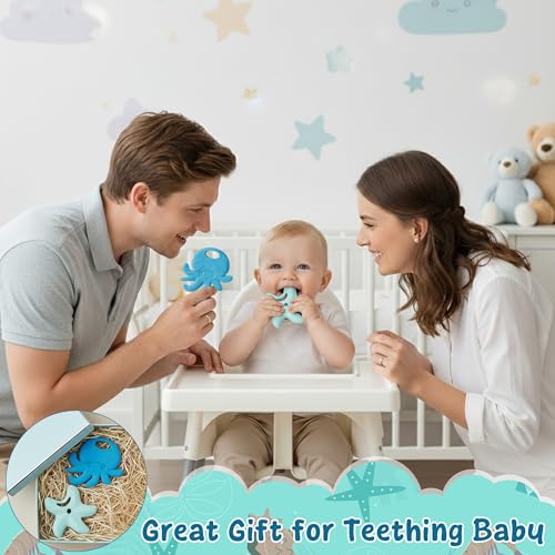 Image of 2Pcs Summer Silicone Teething Toy for Babies Ocean Animal Themed Sore Gums Pain Teething Relief Chew Toy Summer Ocean BPA Free Soft Teether for Infant Toddler Newborn 6-12 Months Birthday Baby Shower