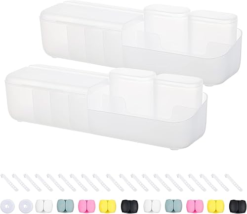 Miniatura 9 de Organizador de almacenamiento de cables de plástico con tapa, caja de cables grande para cajón de escritorio con lazos de alambre para suministros