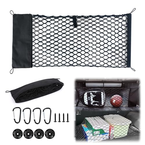 Red Maletero de Coche, Red Elástica Maletero, Redes de Almacenamiento de Carga 90 x 40 cm, Organizador Maletero Coche con 4 Ganchos, Universal Bolsa de Malla para SUV Automóvile, Van, Caravana