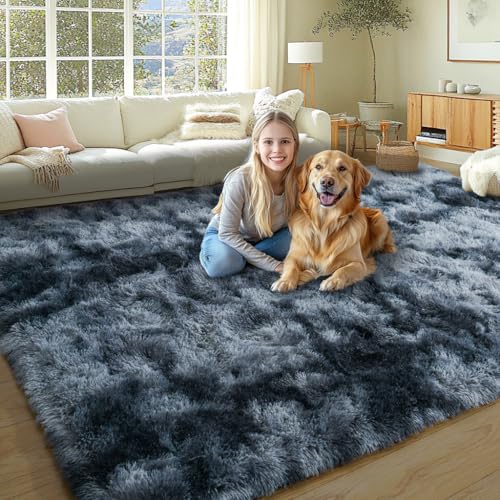 KING DARE 8x10 Area Rugs for Living Room, Soft Plush Fluffy Shaggy Fuzzy Furry Large Rug, Anti-Slip Washable Modern Big Floor Carpet for Bedroom Aesthetic Home Decor, Blue and Grey