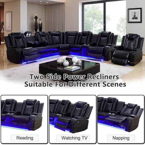 Image of Power Reclining Sectional Sofa Set with LED Light, Leather Sectional Couches, Living Room Furniture Sets, Modern Power Recliner Sofa Sets with 3 Recliner Seater, Couches for Living Room