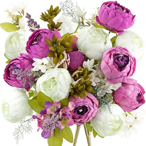 Image of FiveSeasonStuff Vintage Artificial Peonies Silk Peony Flowers and Hydrangeas for Wedding Bridal Home Decor - Beautiful Floral Centerpiece Arrangement with 2 Bouquets (Bloom Purple and White Mix)