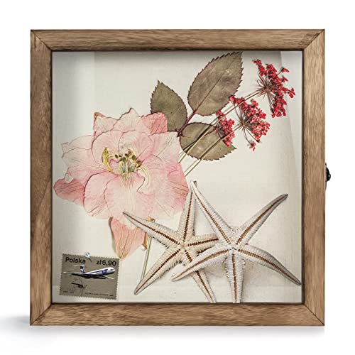 Image of TJ.MOREE Shadow Box 11x11 Memory Display Case Wood Picture Frame Carbonized | Fits 9.4x9.4Inserts with Linen Back & Glass, Rustic Keepsake Box for Pet Memorabilia Gifts Wedding Bouquet Military Medals