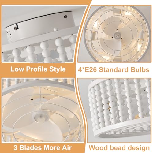 Image of Beaded Ceiling Fans with Lights and Remote, 19 inches Off-White | Bulbs Included, Tropical Caged Fandelier, Flush Mount, Lighting Fixture, Nursery, Kid Room, Auto-off, Quiet, Reversible Motor
