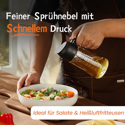 TrendPlain 16oz Ölsprüher für Speiseöl – 470ml Olivenöl Flasche – 2-in-1 Ölspender und Ölsprüher – Küchen Gadgets für Kochen, Salat und Grill Schwarz 2