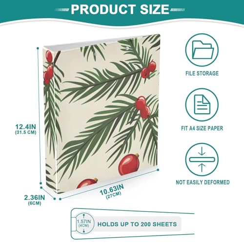 Image of 3 Ring Binder Christmas Tree Branches Balls 1.5 inch Binders with Clipboard Round Ring Binder Fit 8.5'' x 11'' Paper 3 Interior PVC Clear Pockets for Office Supplies