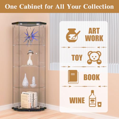 Image of Beauty4U Black 5 Corner Glass Display Cabinet, 4-Shelf Curio Cabinet