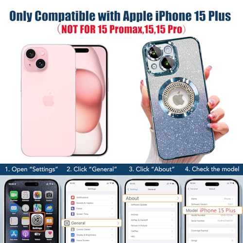 Image of Misscase for iPhone 15 Plus Magnetic Case Compatible with MagSafe,Full Protection Slim Shockproof Anti-Scratch Glitter Case with Camera Lens Protector Logo View Dust-Proof Net for Women Blue