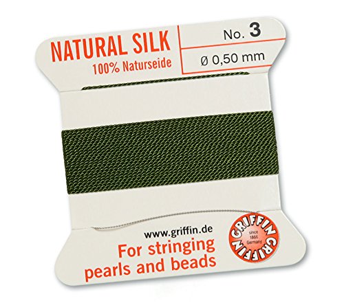 Griffin Since 1866 Germany Green Griffin 100% Natural Silk Beading Cord String Thread - Olive - 2 Metres With One Needle - Size 0.50Mm