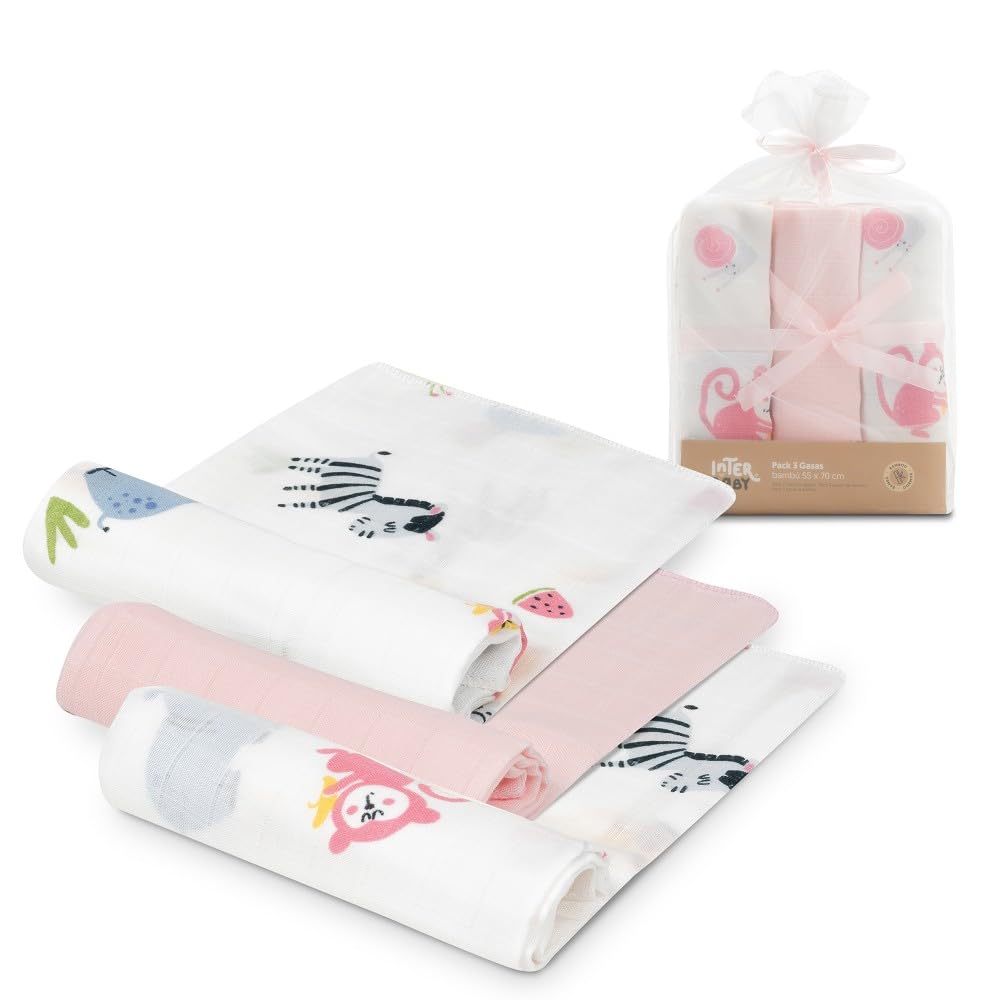 Interbaby · Set of 3 JUNGLA Bamboo Gauze Pink for Newborn and Baby · 55x70cm ·Bamboo & Cotton