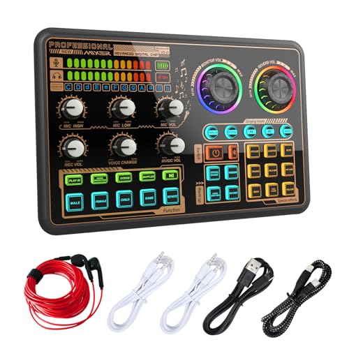 Hosabely Sound Board for Beginners, Audio Mixer with Voice Changer, LED Lights, External Sound Card with Earphone for Phone, Mic, Karaoke, Streaming, Recording, Gaming, Podcasting