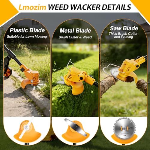 Image of Electric Weed Wacker Cordless, Electric String Trimmer with 3 Types Blades & Removable Auxiliary Wheels, Brush Cutter & Grass Trimmer & Lawn Edger with for Garden Yard (YellowB)