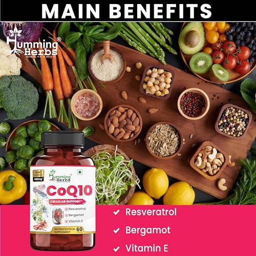 Image of Humming Herbs CoQ10 600mg Cellular Support Supplement with Resveratrol, Bergamot & Vitamin E - Heart Health & Energy Booster - Antioxidan 60 Caps